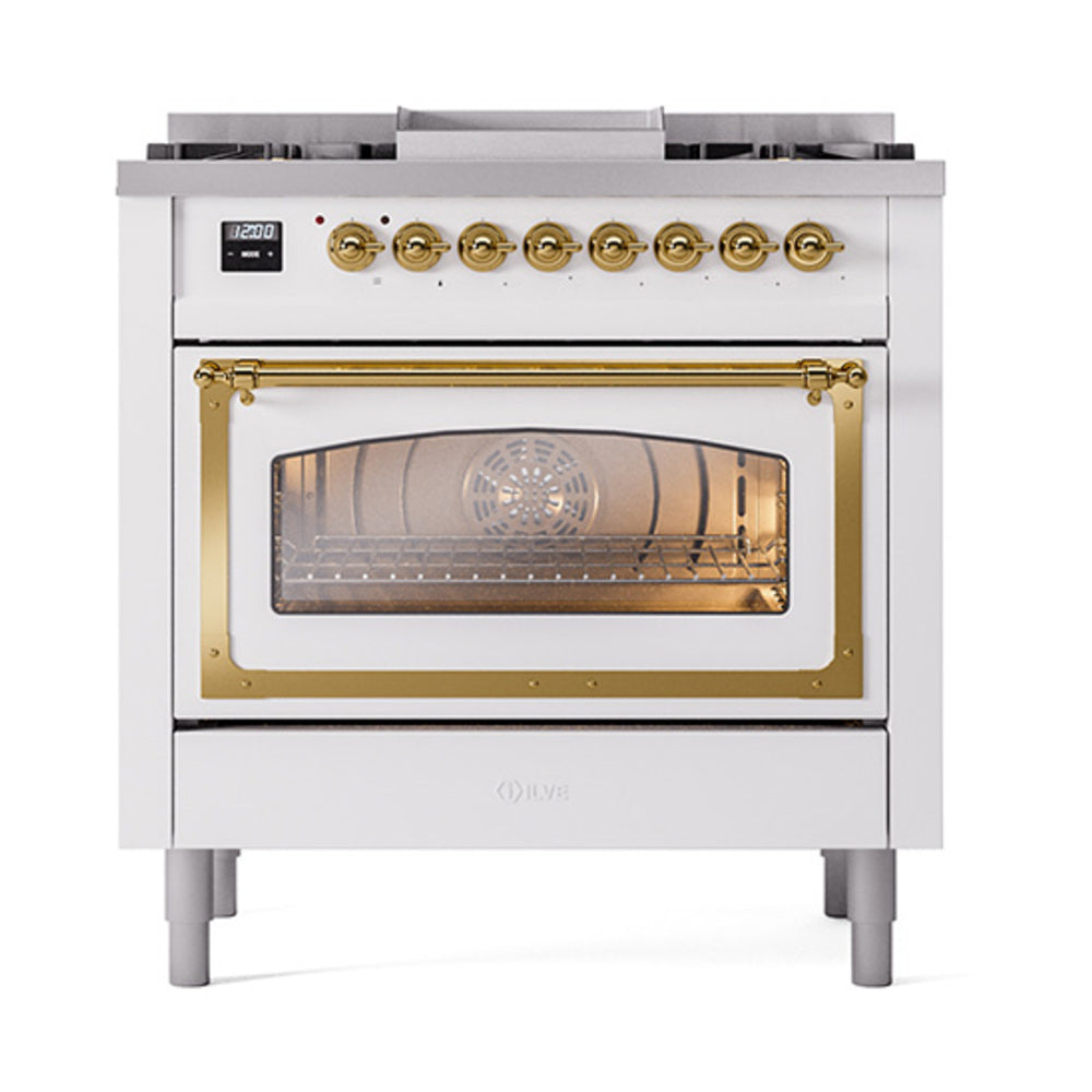 ILVE Nostalgie II Noblesse 36-Inch Natural Gas Dual Fuel Range, Triple Glass Door Oven, White with Brass Trim (UN36FNMPWHG)