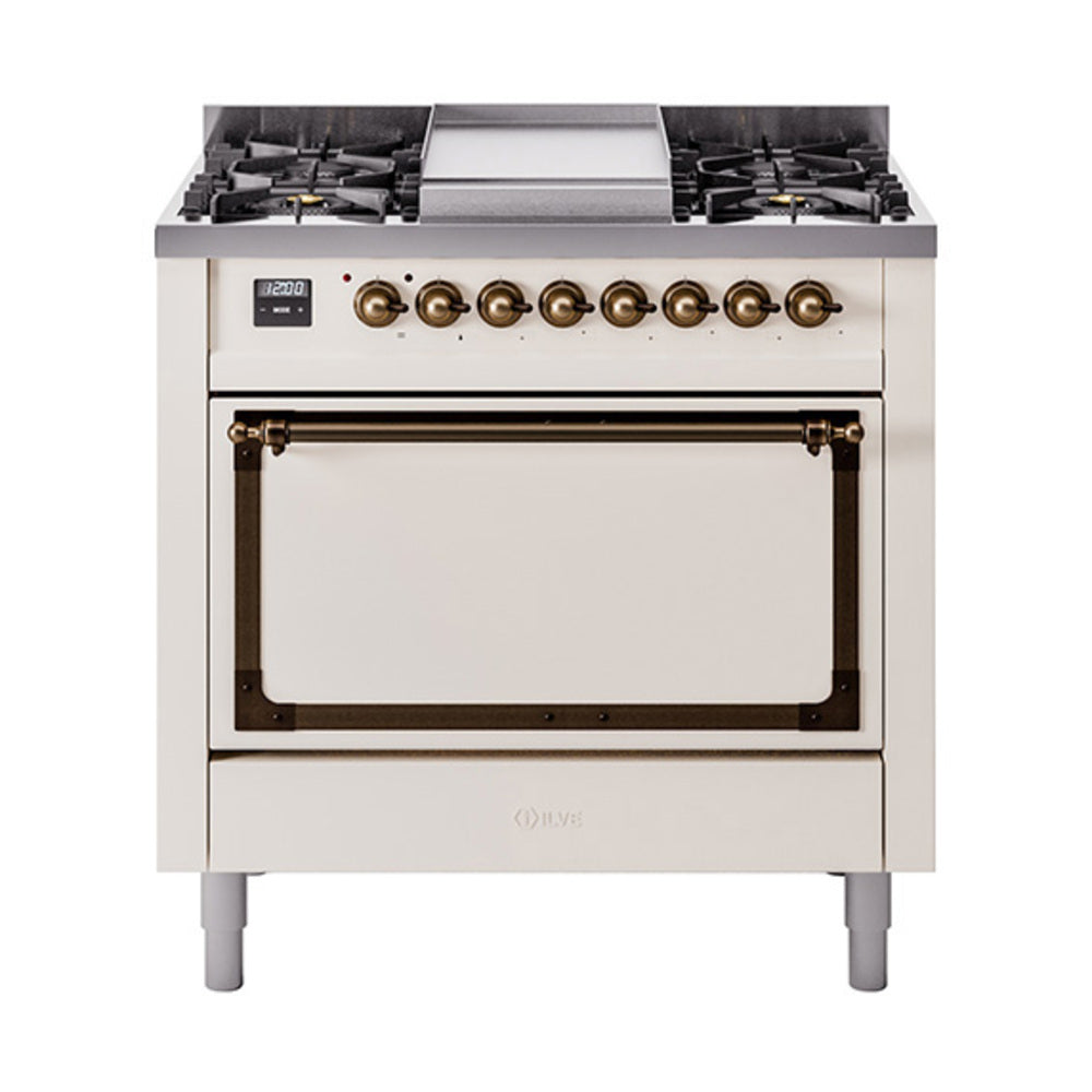 ILVE Nostalgie II Noblesse 36-Inch Natural Gas Dual Fuel Range, Solid Door Oven, Antique White with Burnished Bronze Trim (UN36FQNMPAWB)