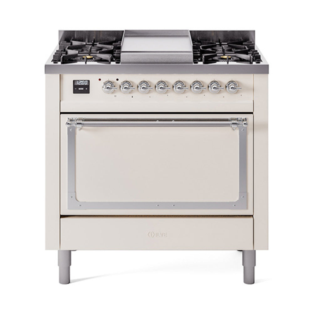 ILVE Nostalgie II Noblesse 36-Inch Natural Gas Dual Fuel Range, Solid Door Oven, Antique White with Chrome Trim (UN36FQNMPAWC)