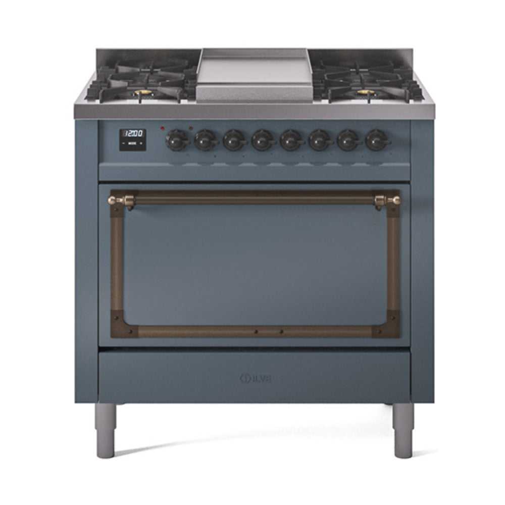 ILVE Nostalgie II Noblesse 36-Inch Propane Gas Dual Fuel Range, Solid Door Oven, Blue Grey with Burnished Bronze Trim (UN36FQNMPBGBLP)