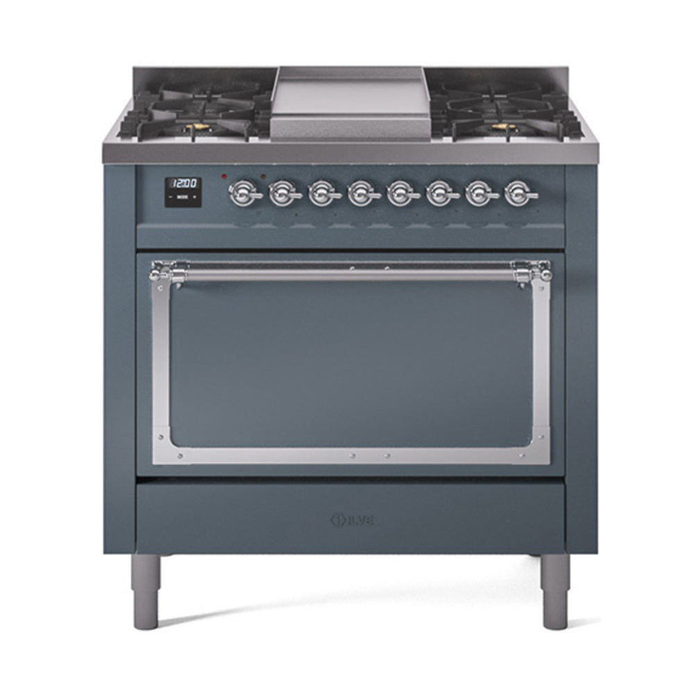 ILVE Nostalgie II Noblesse 36-Inch Natural Gas Dual Fuel Range, Solid Door Oven, Blue Grey with Chrome Trim (UN36FQNMPBGC)