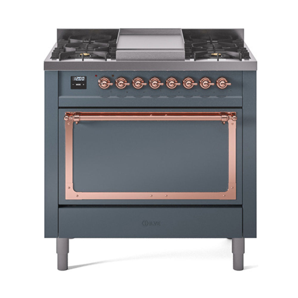 ILVE Nostalgie II Noblesse 36-Inch Natural Gas Dual Fuel Range, Solid Door Oven, Blue Grey with Copper Trim (UN36FQNMPBGP)