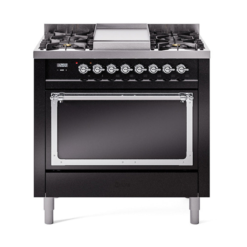 ILVE Nostalgie II Noblesse 36-Inch Natural Gas Dual Fuel Range, Solid Door Oven, Glossy Black with Chrome Trim (UN36FQNMPBKC)