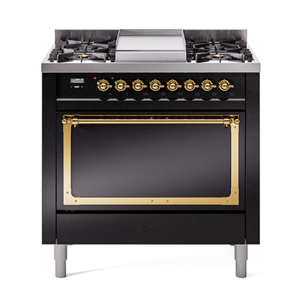ILVE Nostalgie II Noblesse 36-Inch Natural Gas Dual Fuel Range, Solid Door Oven, Glossy Black with Brass Trim (UN36FQNMPBKG)
