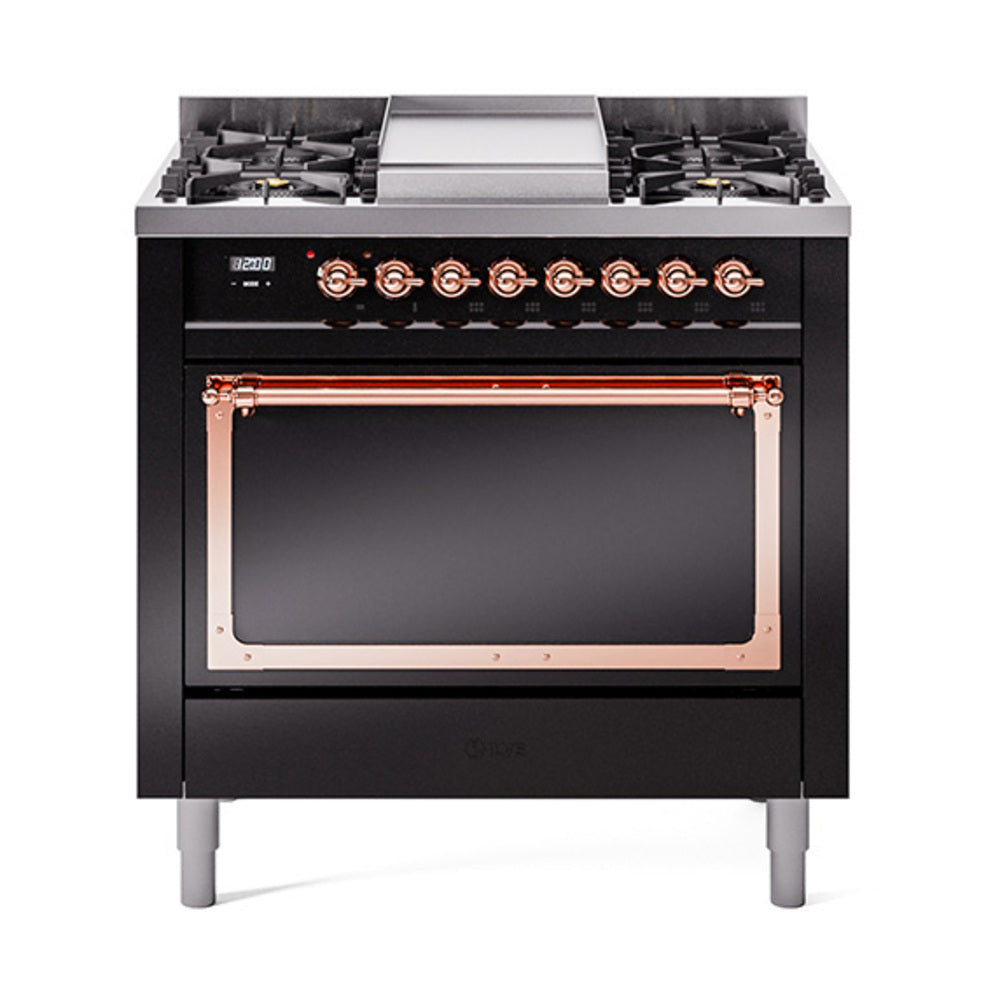 ILVE Nostalgie II Noblesse 36-Inch Natural Gas Dual Fuel Range, Solid Door Oven, Glossy Black with Copper Trim (UN36FQNMPBKP)