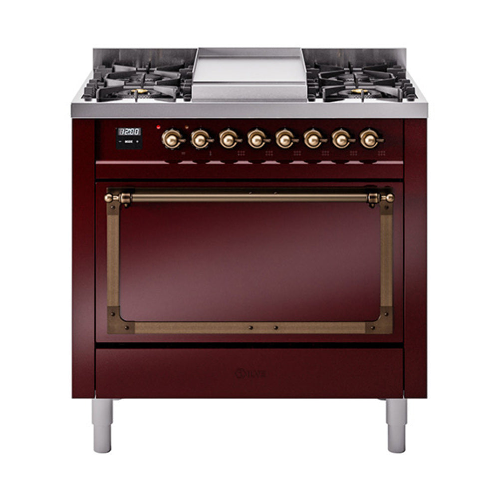 ILVE Nostalgie II Noblesse 36-Inch Propane Gas Dual Fuel Range, Solid Door Oven, Burgundy with Burnished Bronze Trim (UN36FQNMPBUBLP)
