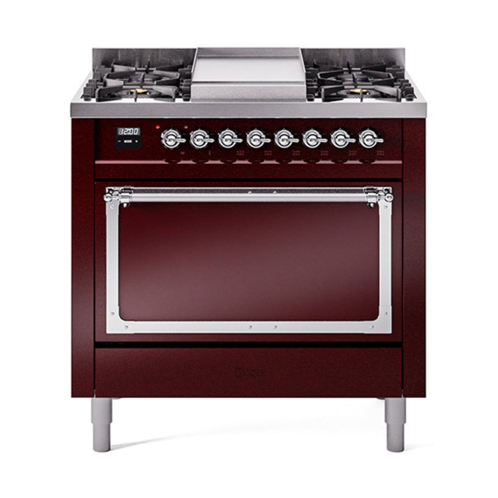 ILVE Nostalgie II Noblesse 36-Inch Natural Gas Dual Fuel Range, Solid Door Oven, Burgundy with Chrome Trim (UN36FQNMPBUC)