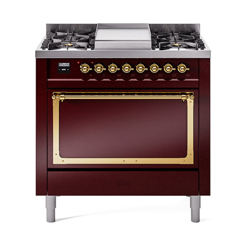 ILVE Nostalgie II Noblesse 36-Inch Natural Gas Dual Fuel Range, Solid Door Oven, Burgundy with Brass Trim (UN36FQNMPBUG)