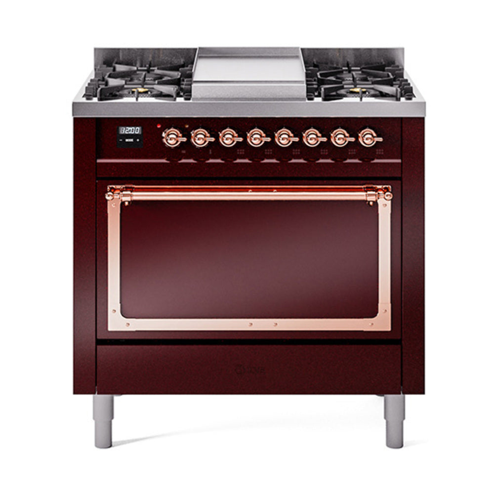 ILVE Nostalgie II Noblesse 36-Inch Propane Gas Dual Fuel Range, Solid Door Oven, Burgundy with Copper Trim (UN36FQNMPBUPLP)