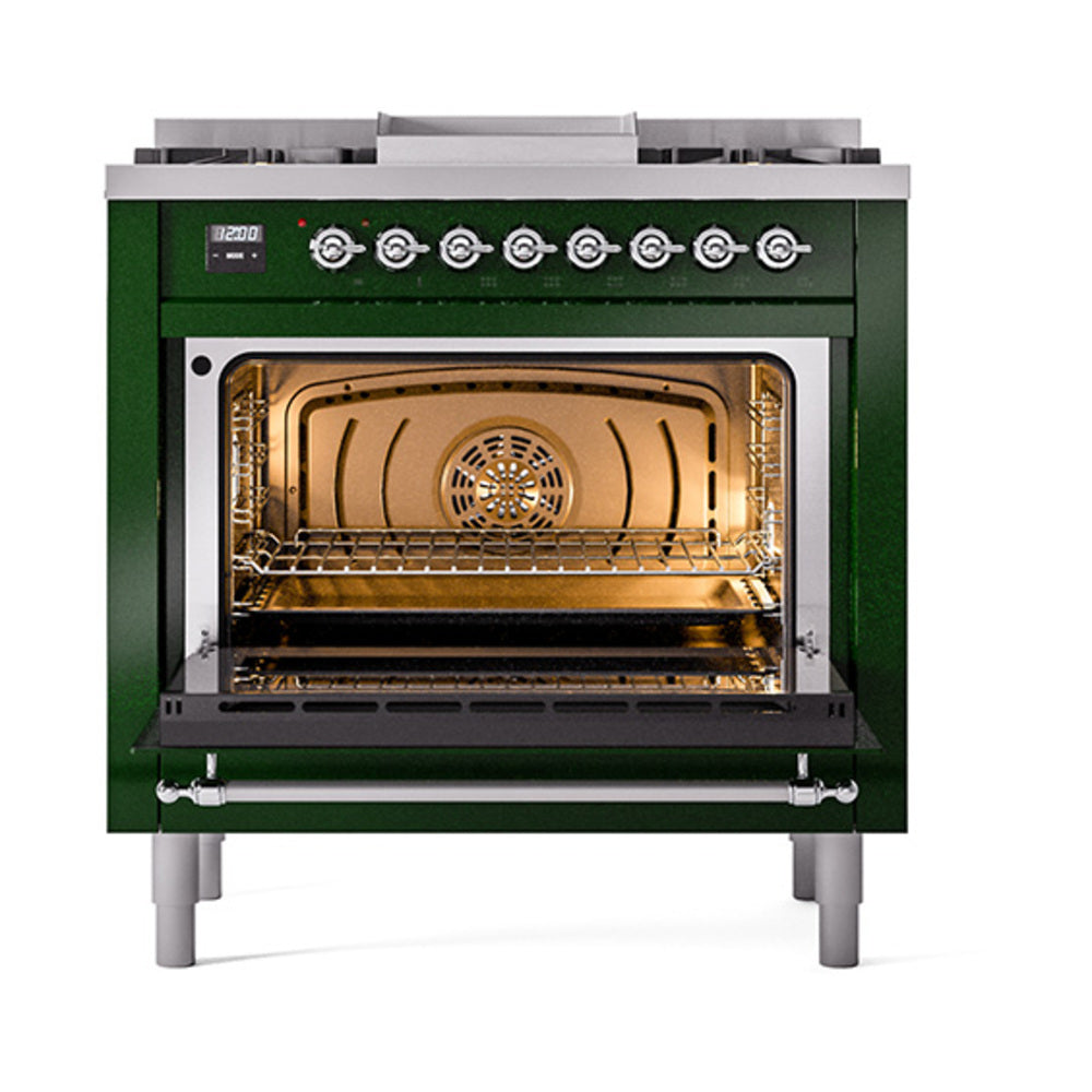 ILVE Nostalgie II Noblesse 36-Inch Natural Gas Dual Fuel Range, Solid Door Oven, Emerald Green with Chrome Trim (UN36FQNMPEGC)