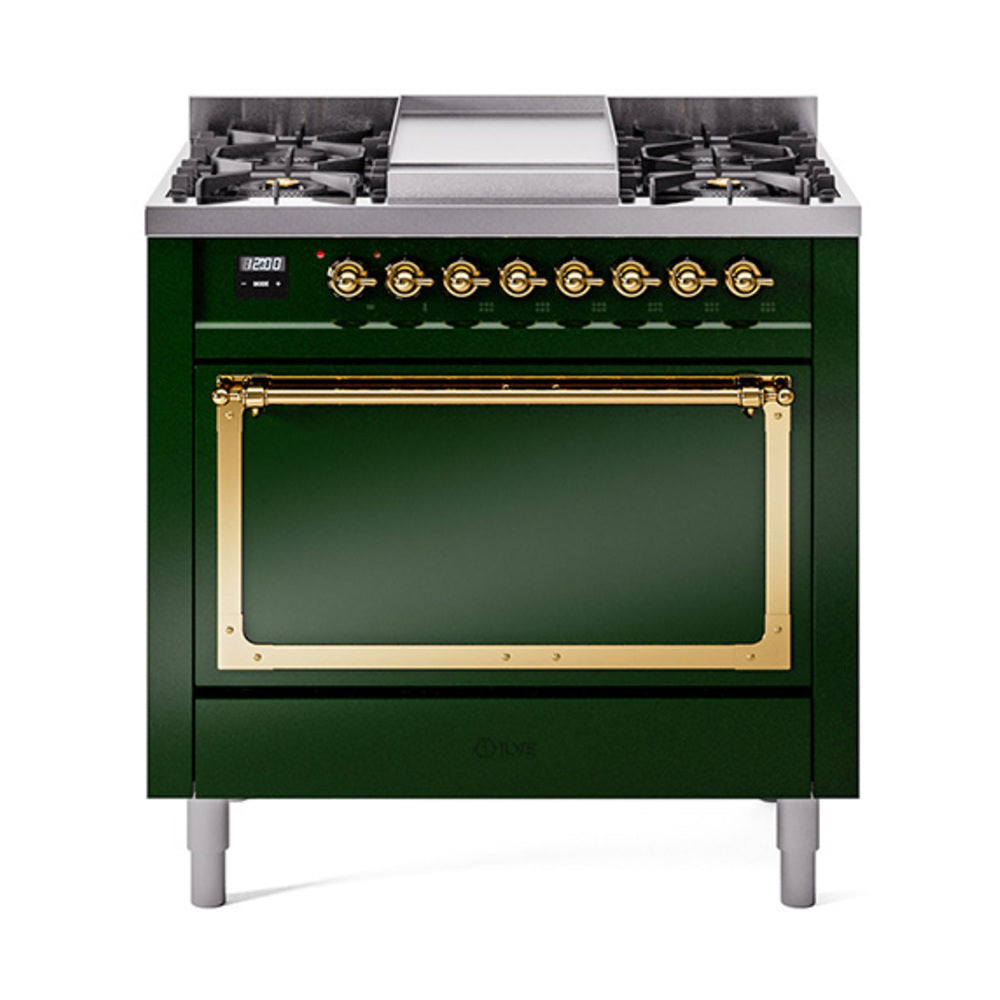 ILVE Nostalgie II Noblesse 36-Inch Natural Gas Dual Fuel Range, Solid Door Oven, Emerald Green with Brass Trim (UN36FQNMPEGG)