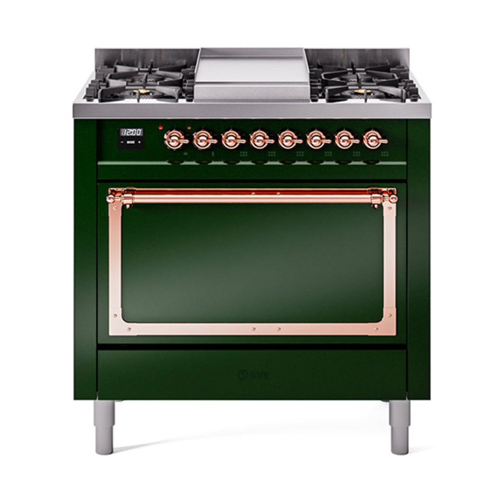ILVE Nostalgie II Noblesse 36-Inch Natural Gas Dual Fuel Range, Solid Door Oven, Emerald Green with Copper Trim (UN36FQNMPEGP)