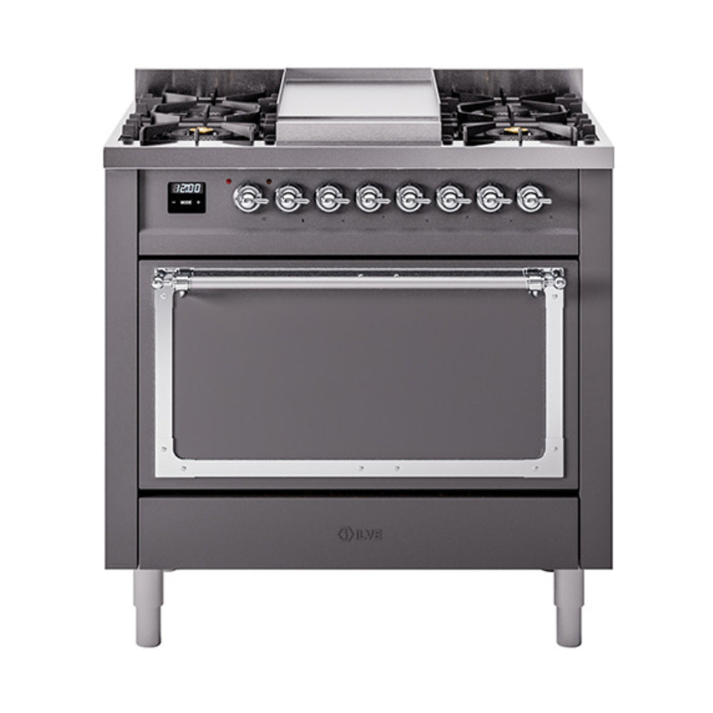 ILVE Nostalgie II Noblesse 36-Inch Propane Dual Fuel Range, Solid Door, Matte Graphite with Chrome Trim (UN36FQNMPMGCLP)