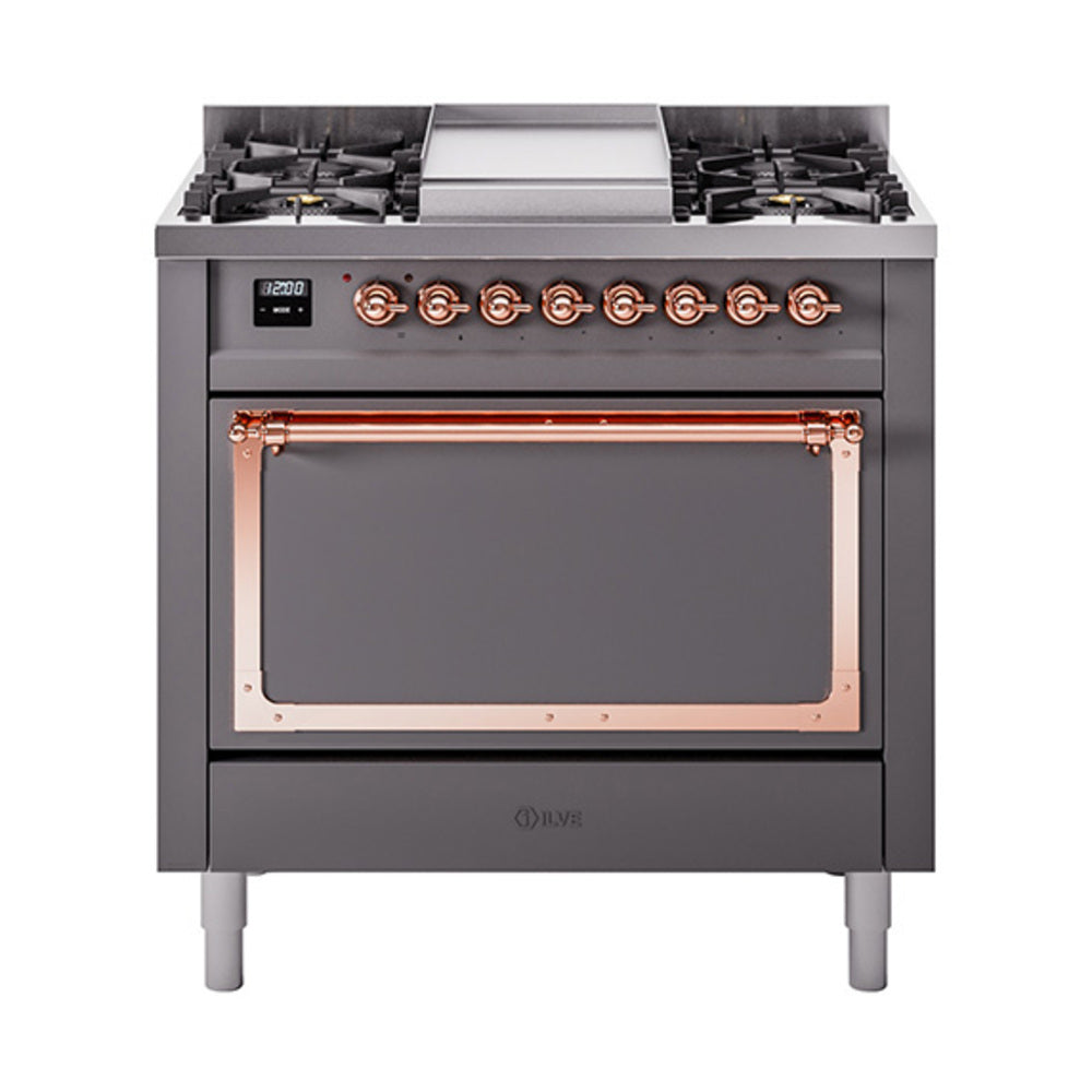 ILVE Nostalgie II Noblesse 36-Inch Propane Dual Fuel Range, Solid Door, Matte Graphite with Copper Trim (UN36FQNMPMGPLP)