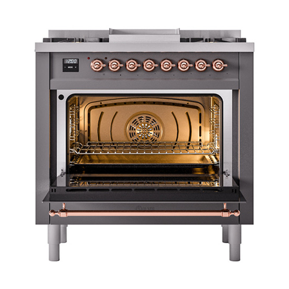 ILVE Nostalgie II Noblesse 36-Inch Natural Gas Dual Fuel Range, Solid Door Oven, Matte Graphite with Copper Trim (UN36FQNMPMGP)