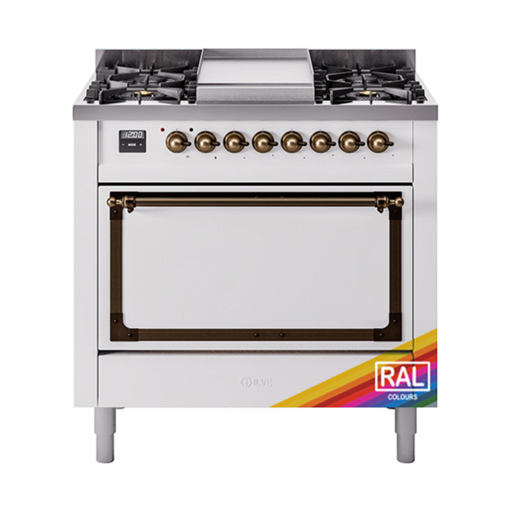 ILVE Nostalgie II Noblesse 36-Inch Natural Gas Dual Fuel Range, Solid Door Oven, Custom RAL with Burnished Bronze Trim (UN36FQNMPRAB)