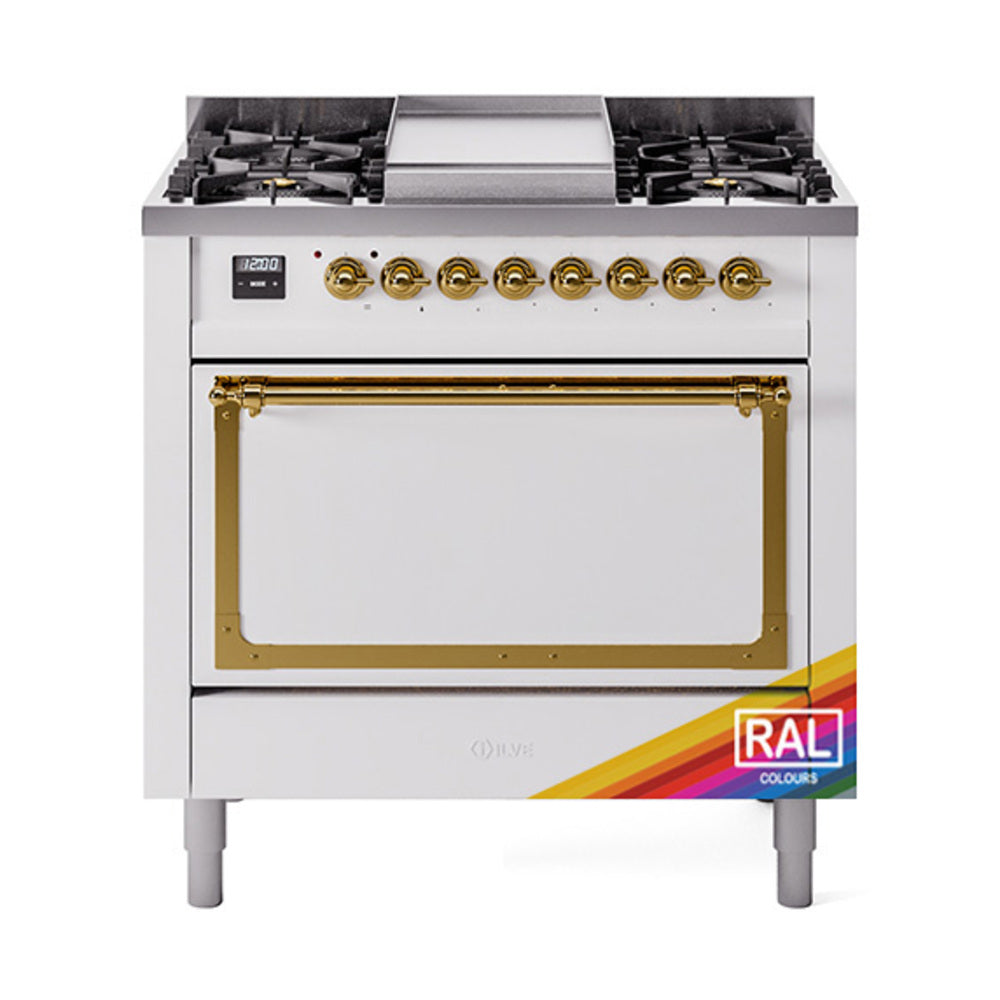 ILVE Nostalgie II Noblesse 36-Inch Natural Gas Dual Fuel Range, Solid Door Oven, RAL with Brass Trim (UN36FQNMPRAG)