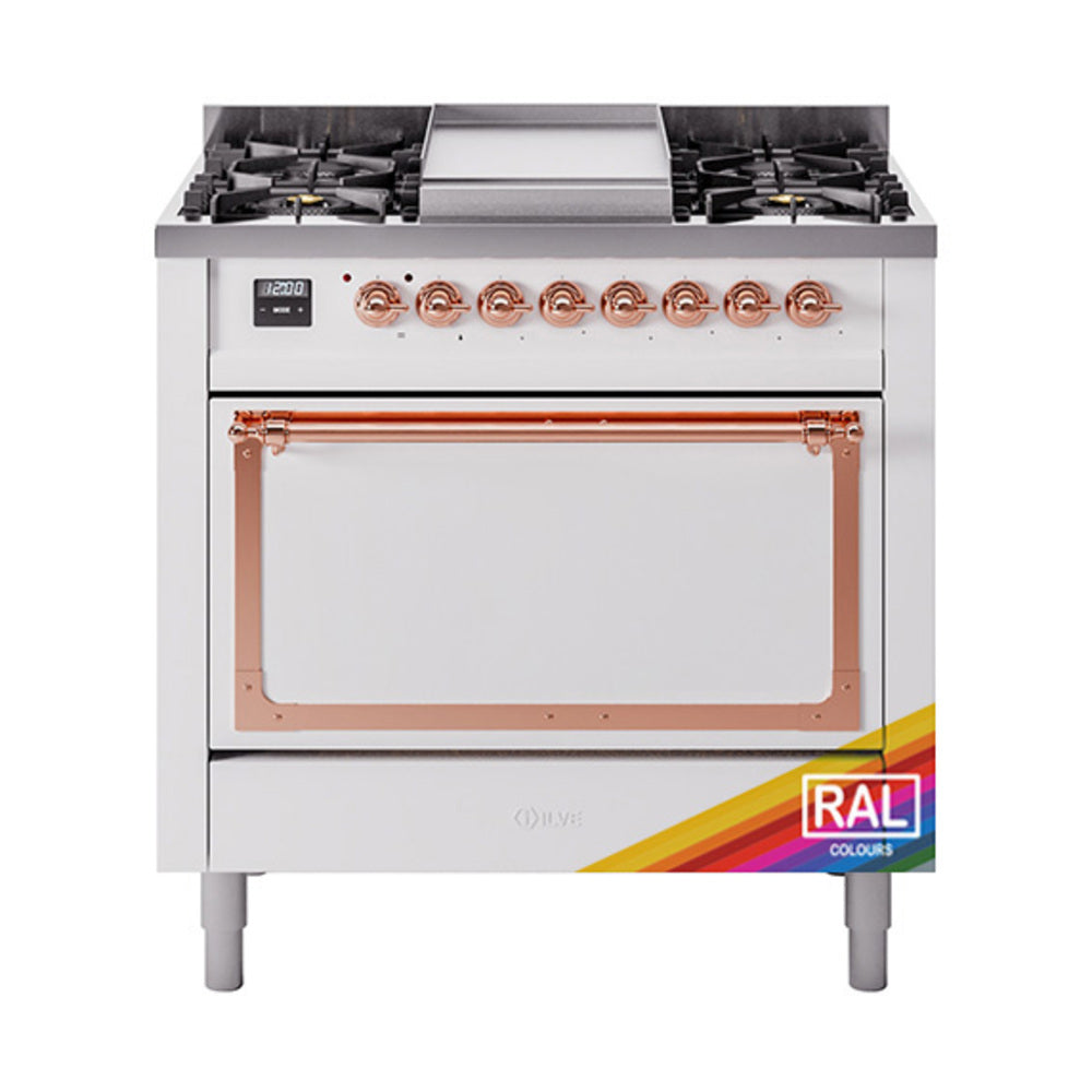 ILVE Nostalgie II Noblesse 36-Inch Propane Gas Dual Fuel Range, Solid Door Oven, Custom RAL with Copper Trim (UN36FQNMPRAPLP)