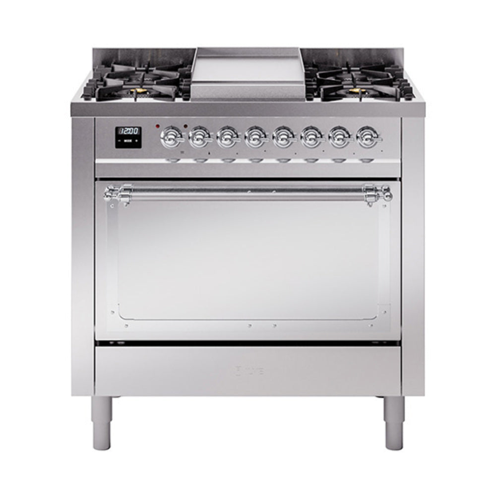 ILVE Nostalgie II Noblesse 36-Inch Natural Gas Dual Fuel Range, Solid Door Oven, Stainless Steel with Chrome Trim (UN36FQNMPSSC)