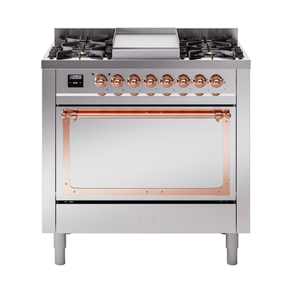 ILVE Nostalgie II Noblesse 36-Inch Natural Gas Dual Fuel Range, Solid Door Oven, Stainless Steel with Copper Trim (UN36FQNMPSSP)