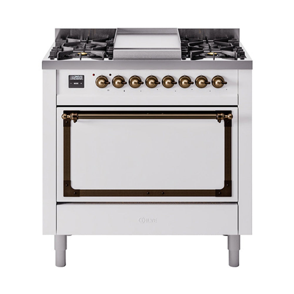 ILVE Nostalgie II Noblesse 36-Inch Natural Gas Dual Fuel Range, Solid Door Oven, White with Burnished Bronze Trim (UN36FQNMPWHB)