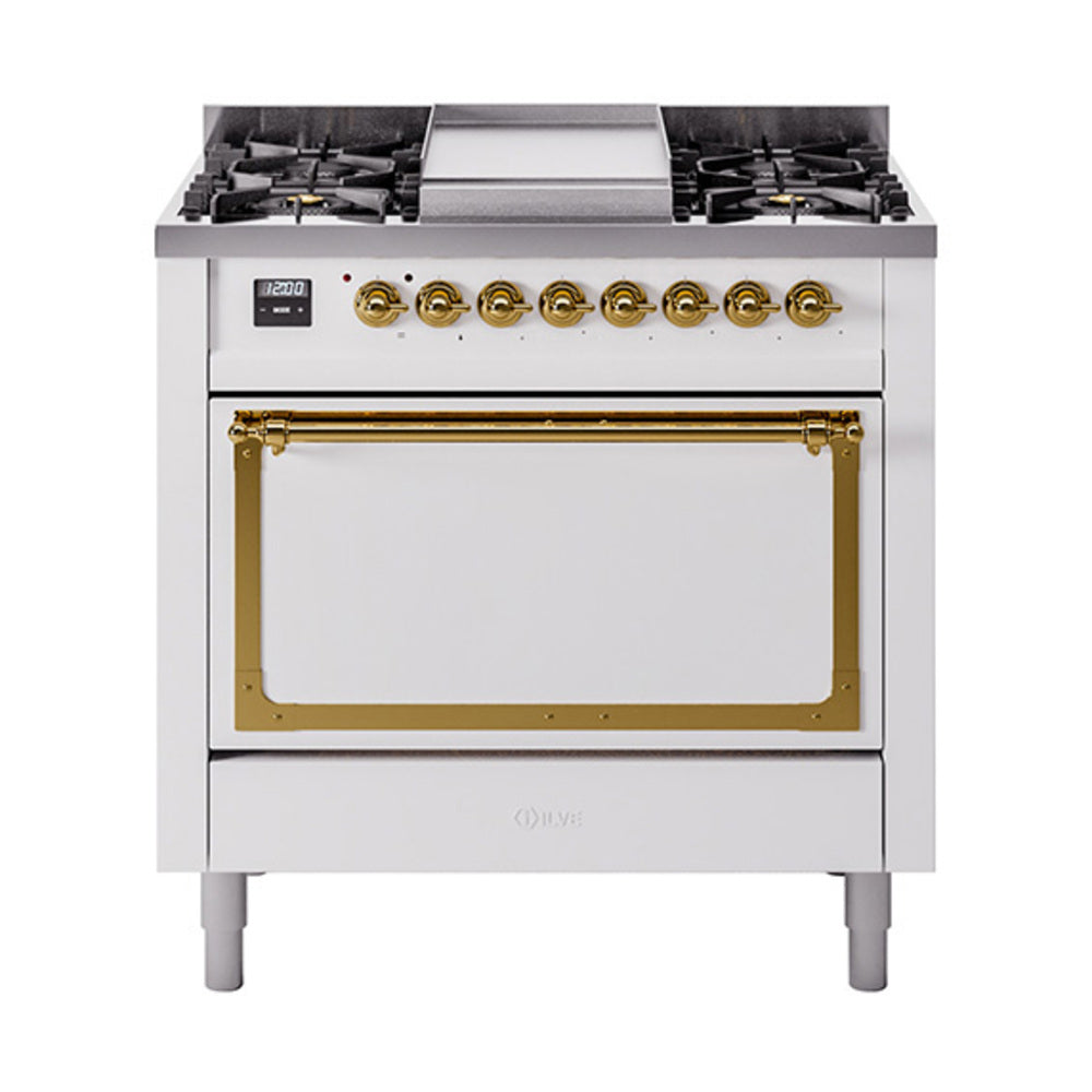 ILVE Nostalgie II Noblesse 36-Inch Natural Gas Dual Fuel Range, Solid Door Oven, White with Brass Trim (UN36FQNMPWHG)