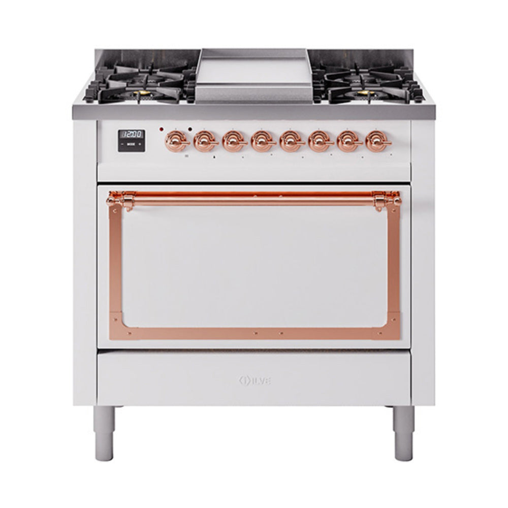 ILVE Nostalgie II Noblesse 36-Inch Natural Gas Dual Fuel Range, Solid Door Oven, White with Copper Trim (UN36FQNMPWHP)