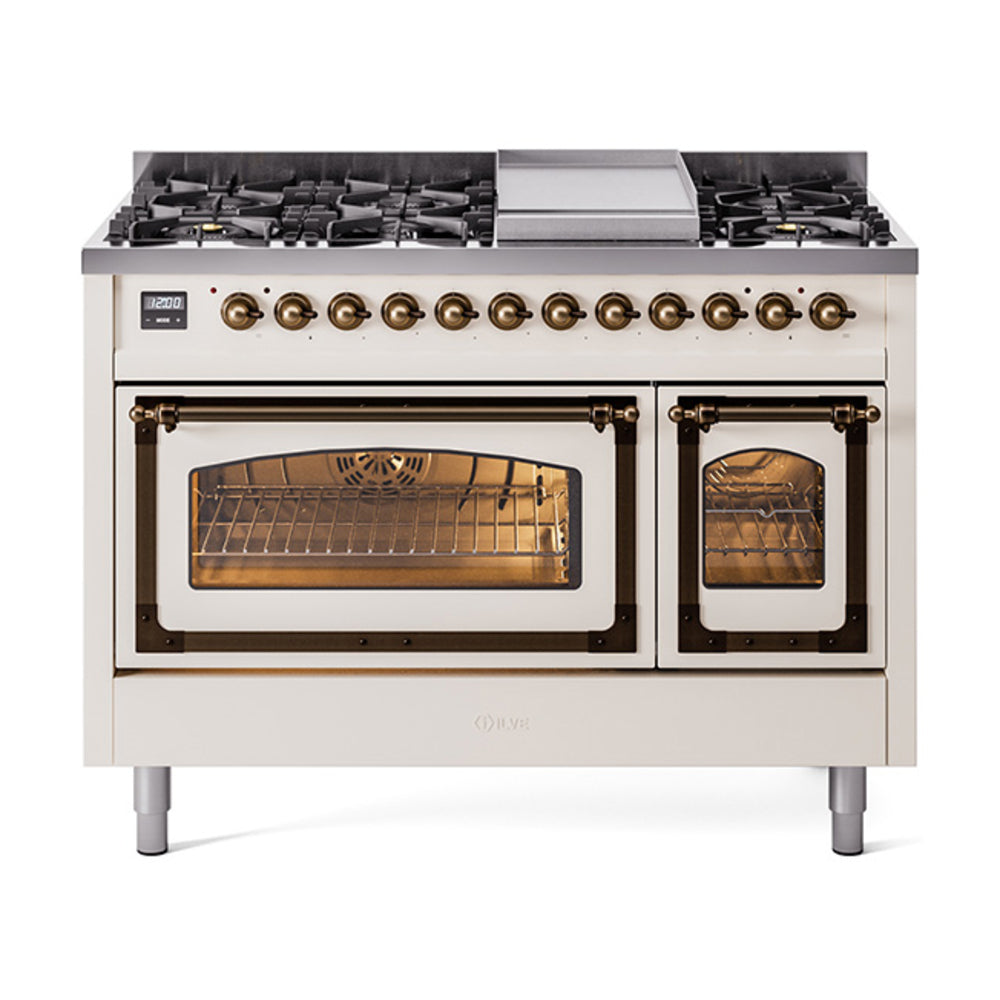 ILVE Nostalgie II Noblesse 48-Inch Freestanding Dual Fuel Range, Antique White with Burnished Bronze Trim (UN48FNMPAWBLP)