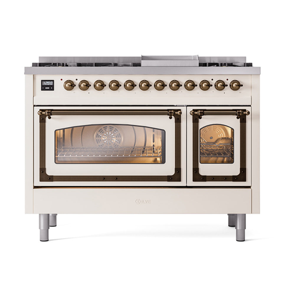 ILVE Nostalgie II Noblesse 48-Inch Freestanding Natural Gas Dual Fuel Range, Antique White with Burnished Bronze Trim (UN48FNMPAWB)