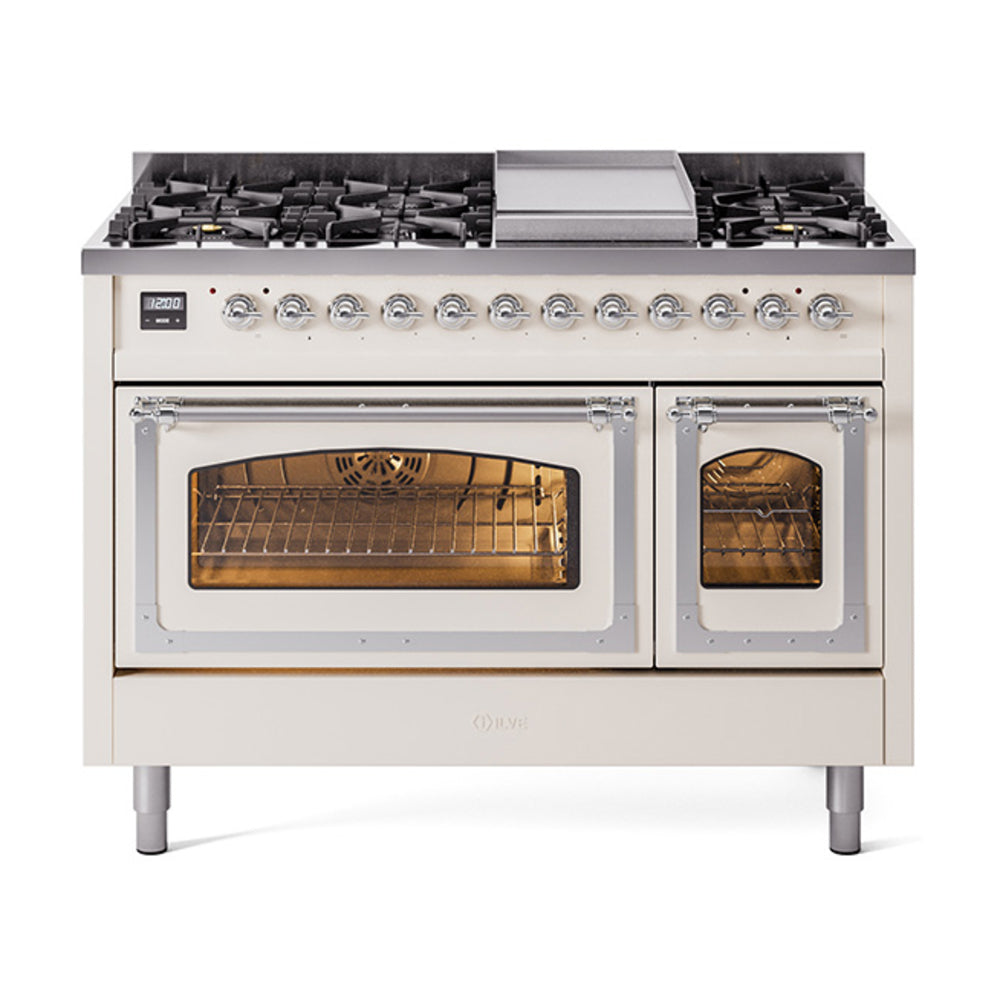 ILVE Nostalgie II Noblesse 48-Inch Freestanding Dual Fuel Range, Antique White with Chrome Trim (UN48FNMPAWCLP)