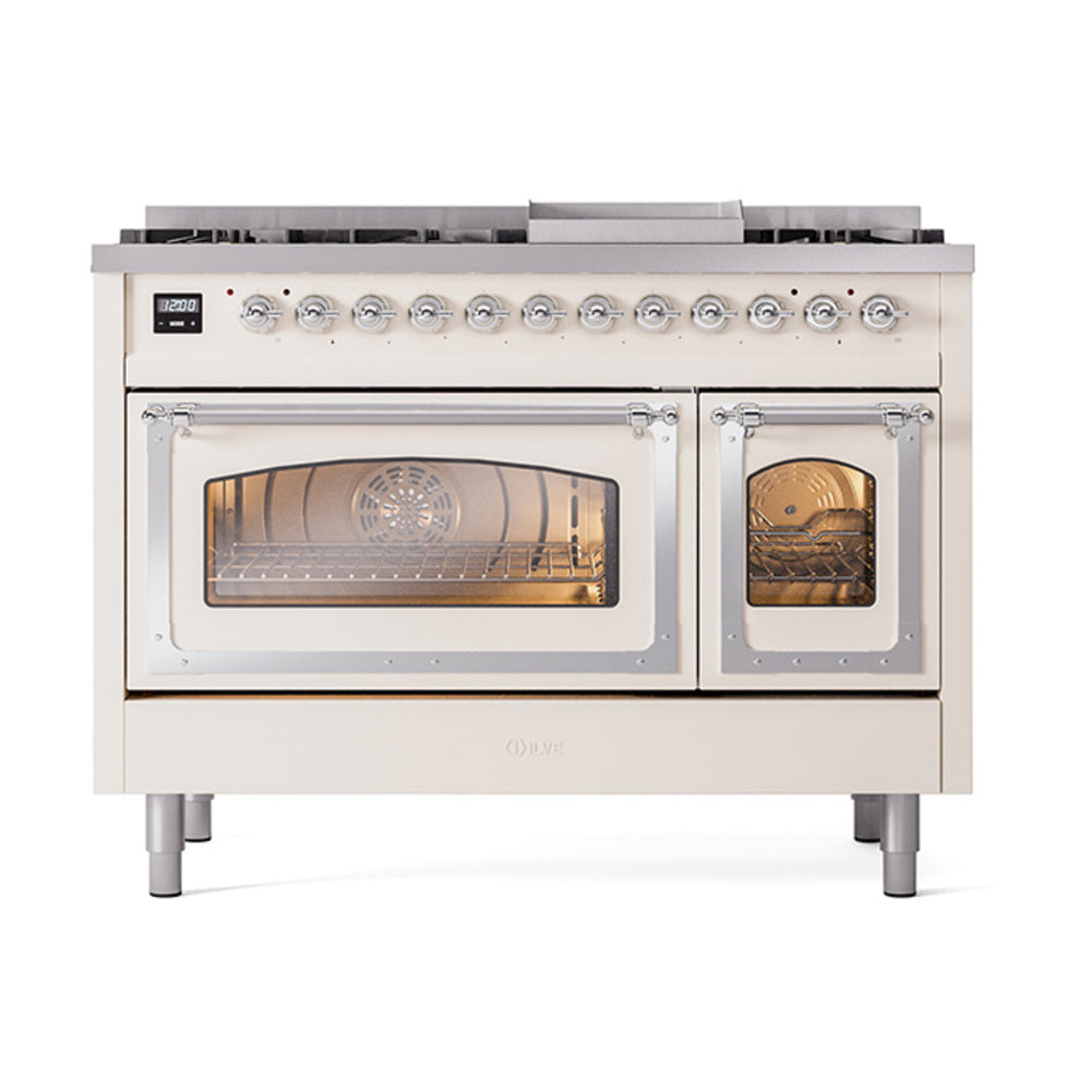 ILVE Nostalgie II Noblesse 48-Inch Freestanding Dual Fuel Range, Antique White with Chrome Trim (UN48FNMPAWCLP)