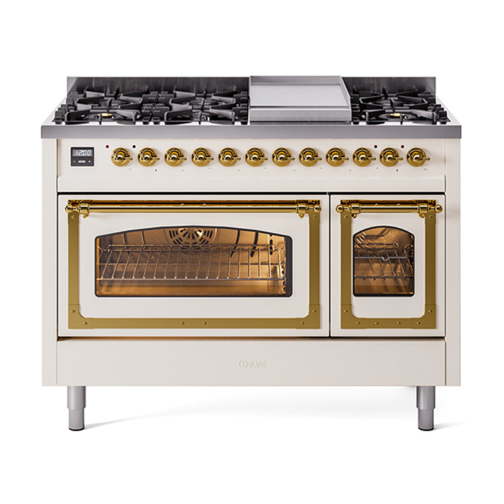 ILVE Nostalgie II Noblesse 48-Inch Freestanding Dual Fuel Range, Antique White with Brass Trim (UN48FNMPAWGLP)