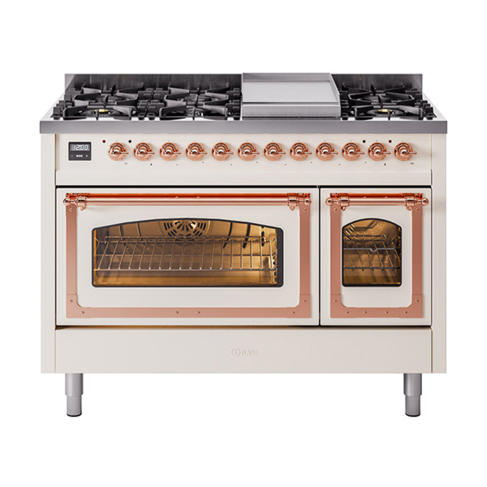 ILVE Nostalgie II Noblesse 48-Inch Freestanding Dual Fuel Range, Antique White with Copper Trim (UN48FNMPAWPLP)