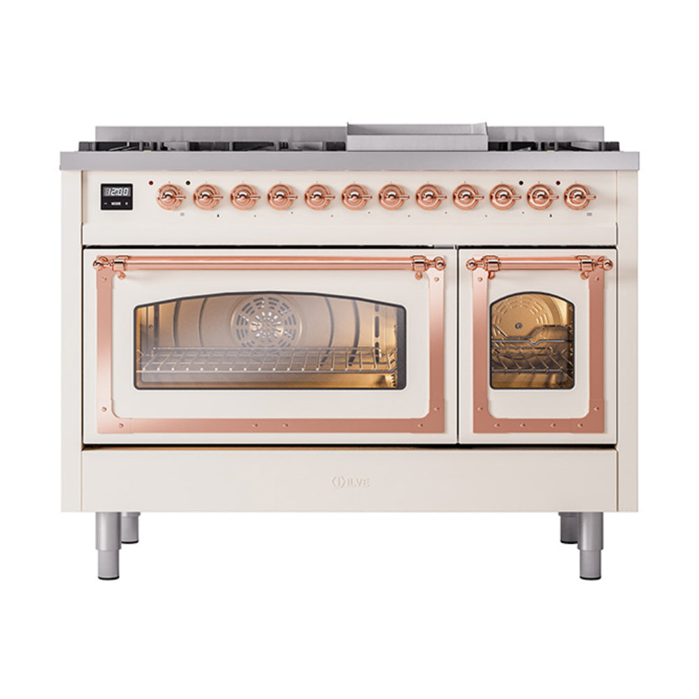ILVE Nostalgie II Noblesse 48-Inch Freestanding Dual Fuel Range, Antique White with Copper Trim (UN48FNMPAWPLP)