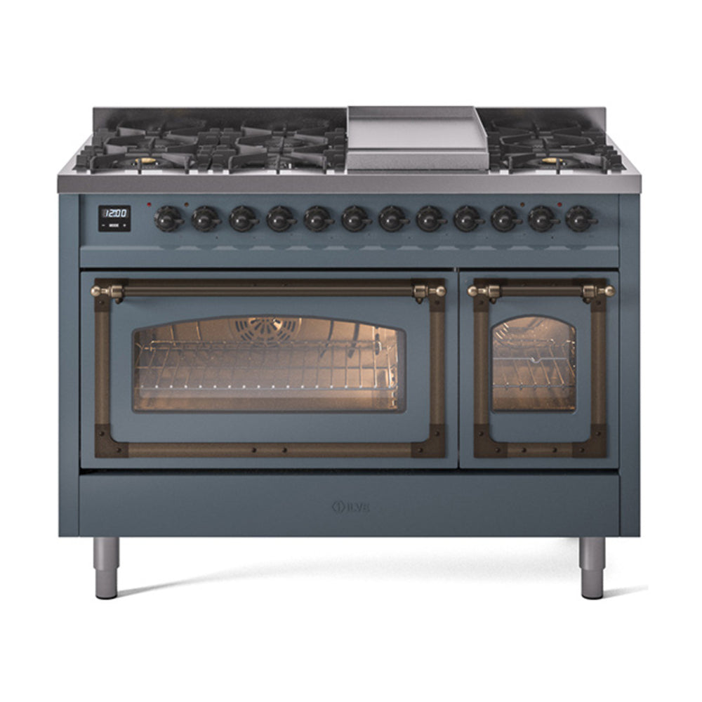 ILVE Nostalgie II Noblesse 48-Inch Freestanding Natural Gas Dual Fuel Range, Blue Grey with Burnished Bronze Trim (UN48FNMPBGB)