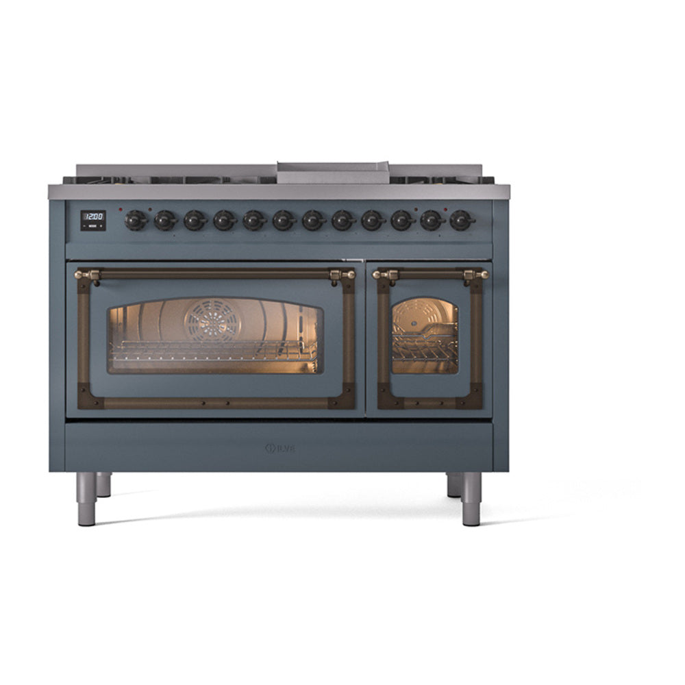 ILVE Nostalgie II Noblesse 48-Inch Freestanding Natural Gas Dual Fuel Range, Blue Grey with Burnished Bronze Trim (UN48FNMPBGB)