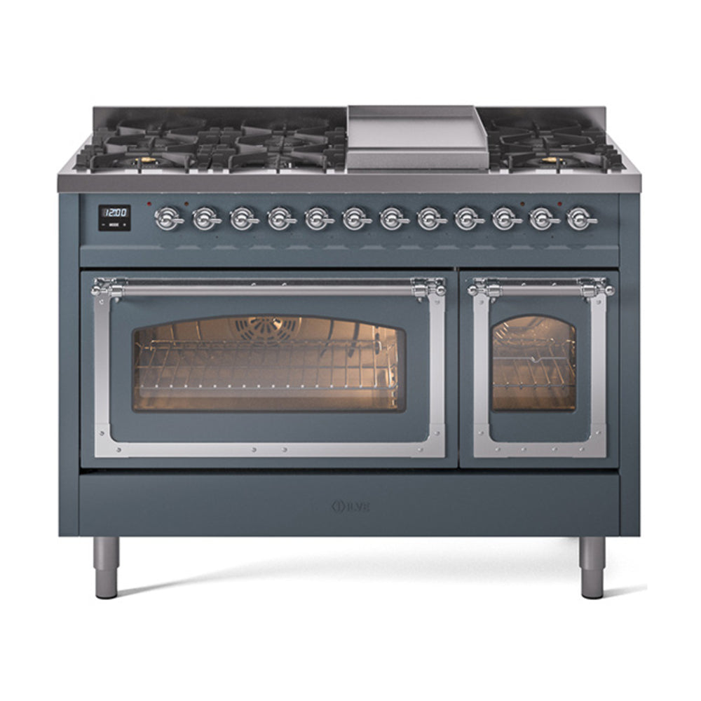 ILVE Nostalgie II Noblesse 48-Inch Freestanding Dual Fuel Range, Blue Grey with Chrome Trim (UN48FNMPBGCLP)