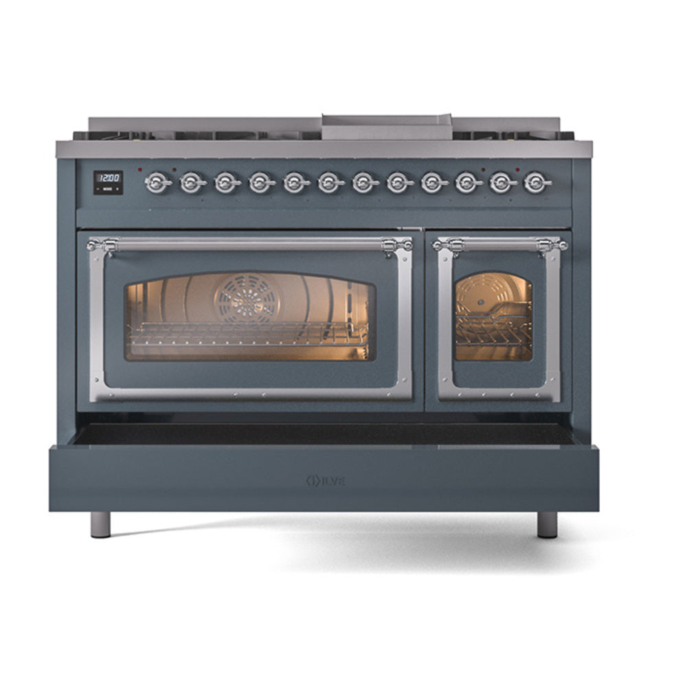 ILVE Nostalgie II Noblesse 48-Inch Freestanding Dual Fuel Range, Blue Grey with Chrome Trim (UN48FNMPBGCLP)