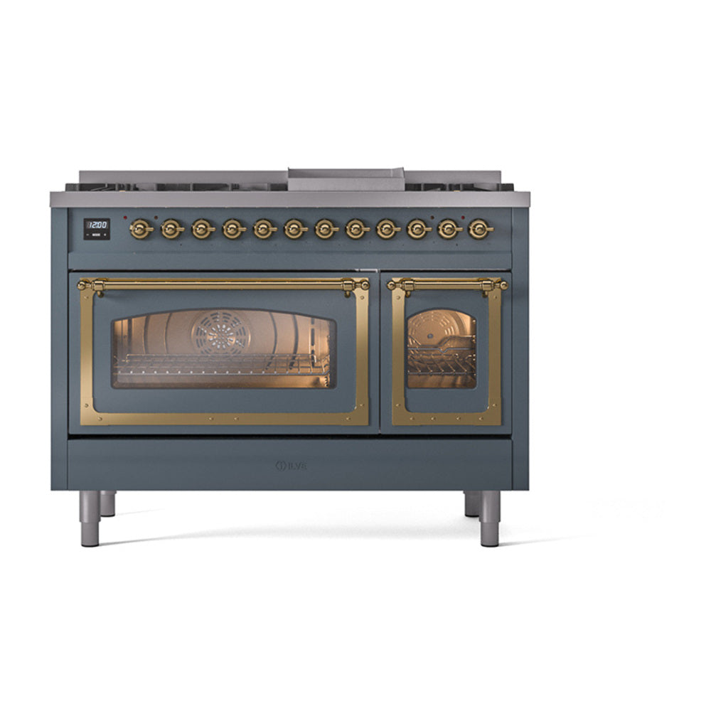 ILVE Nostalgie II Noblesse 48-Inch Freestanding Natural Gas Dual Fuel Range, Blue Grey with Brass Trim (UN48FNMPBGG)