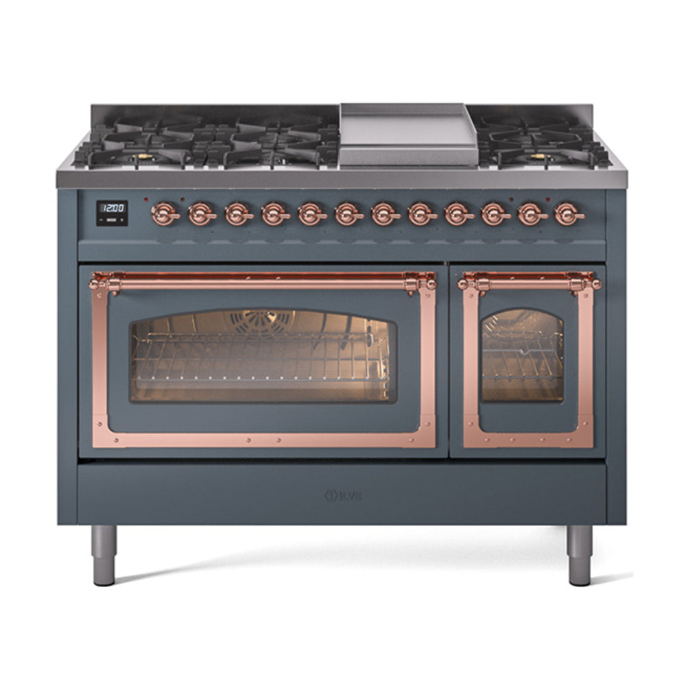 ILVE Nostalgie II Noblesse 48-Inch Freestanding Dual Fuel Range, Blue Grey with Copper Trim (UN48FNMPBGPLP)