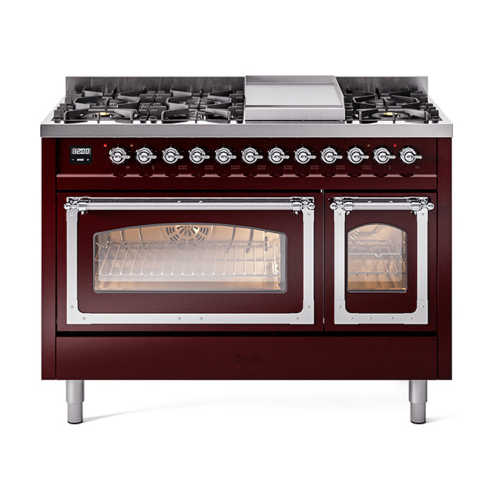 ILVE Nostalgie II Noblesse 48-Inch Freestanding Natural Gas Dual Fuel Range, Burgundy with Chrome Trim (UN48FNMPBUC)