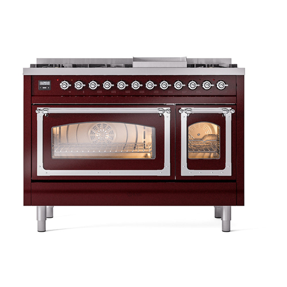 ILVE Nostalgie II Noblesse 48-Inch Freestanding Dual Fuel Range, Burgundy with Chrome Trim (UN48FNMPBUCLP)
