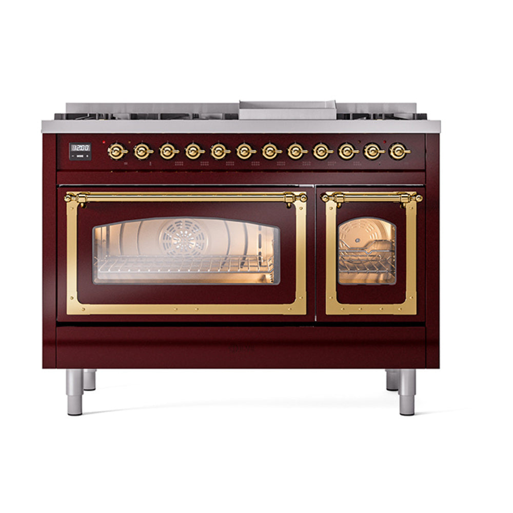 ILVE Nostalgie II Noblesse 48-Inch Freestanding Dual Fuel Range, Burgundy with Brass Trim (UN48FNMPBUGLP)