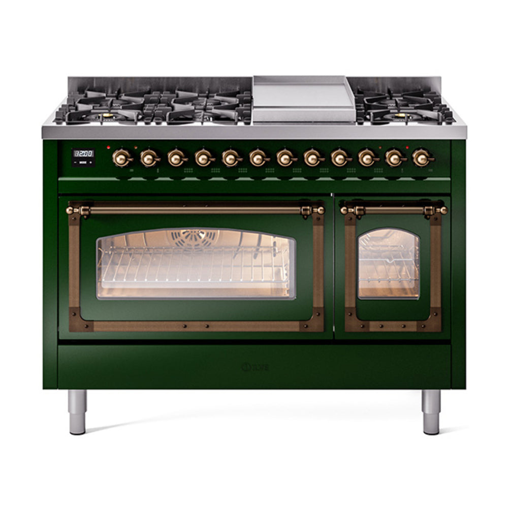 ILVE Nostalgie II Noblesse 48-Inch Freestanding Dual Fuel Range, Emerald Green with Burnished Bronze Trim (UN48FNMPEGBLP)