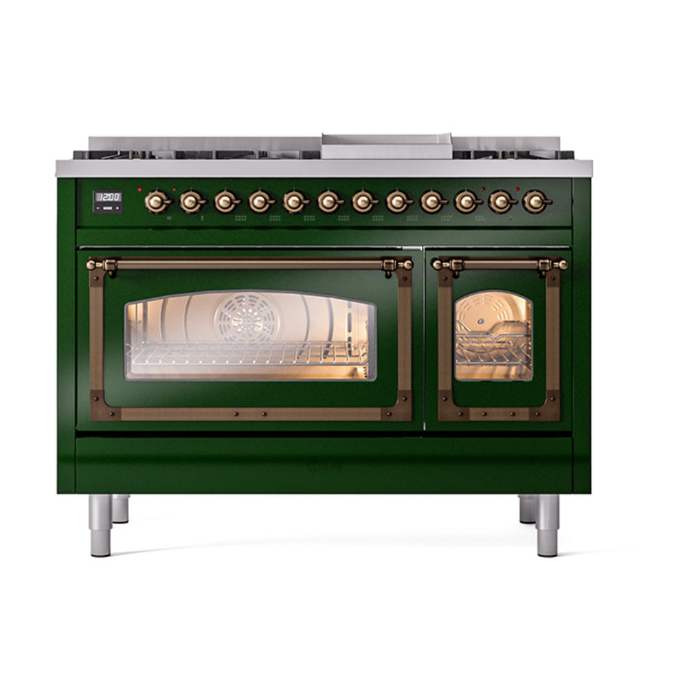 ILVE Nostalgie II Noblesse 48-Inch Freestanding Natural Gas Dual Fuel Range, Emerald Green with Burnished Bronze Trim (UN48FNMPEGB)