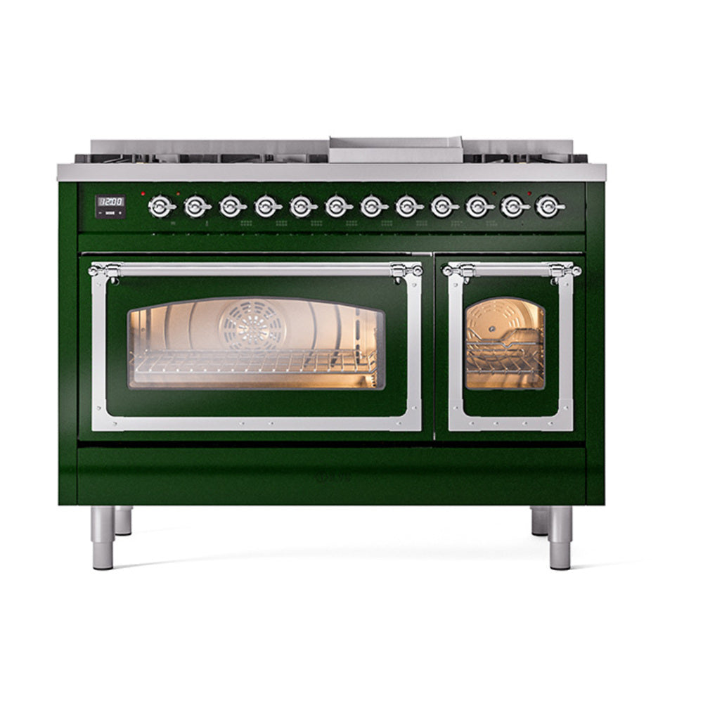 ILVE Nostalgie II Noblesse 48-Inch Freestanding Dual Fuel Range, Emerald Green with Chrome Trim (UN48FNMPEGCLP)
