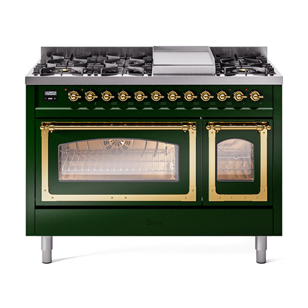 ILVE Nostalgie II Noblesse 48-Inch Freestanding Natural Gas Dual Fuel Range, Emerald Green with Brass Trim (UN48FNMPEGG)