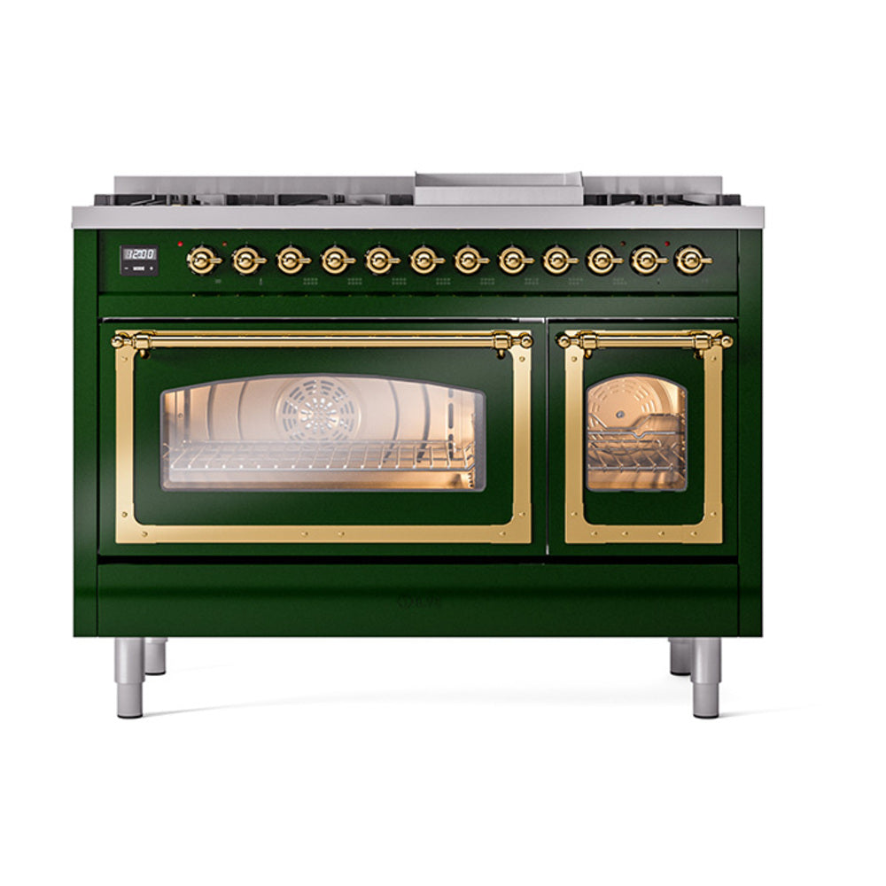 ILVE Nostalgie II Noblesse 48-Inch Freestanding Natural Gas Dual Fuel Range, Emerald Green with Brass Trim (UN48FNMPEGG)