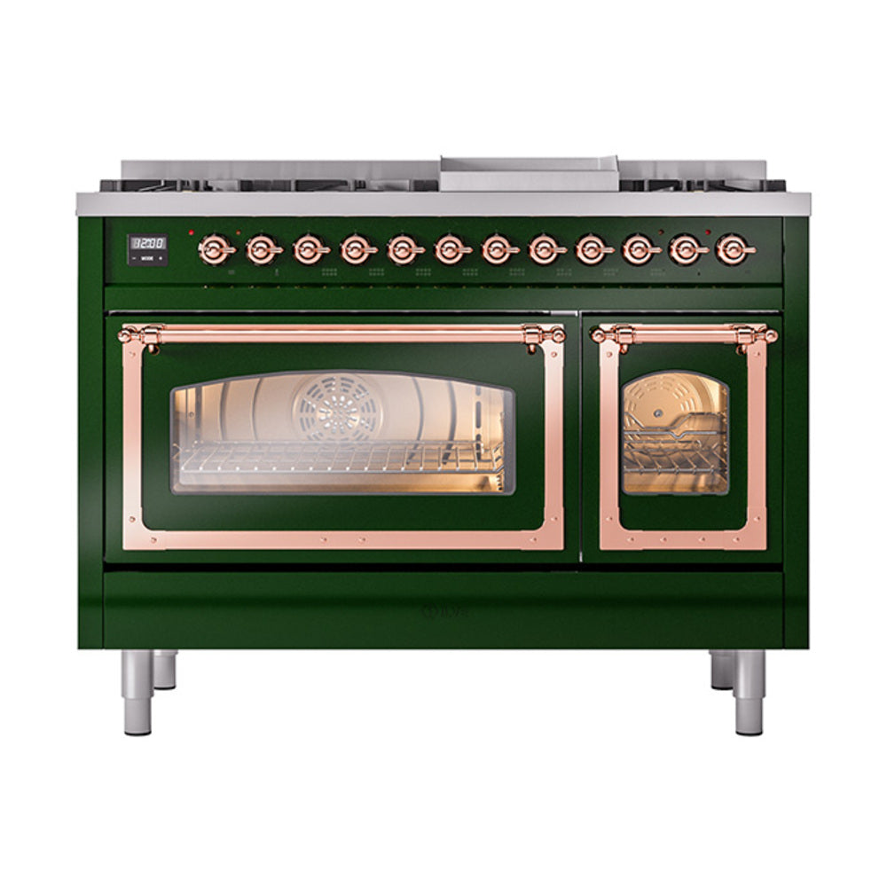 ILVE Nostalgie II Noblesse 48-Inch Freestanding Natural Gas Dual Fuel Range, Emerald Green with Copper Trim (UN48FNMPEGP)