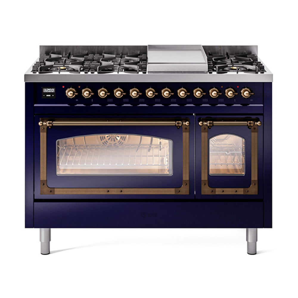 ILVE Nostalgie II Noblesse 48-Inch Freestanding Natural Gas Dual Fuel Range, Midnight Blue with Burnished Bronze Trim (UN48FNMPMBB)